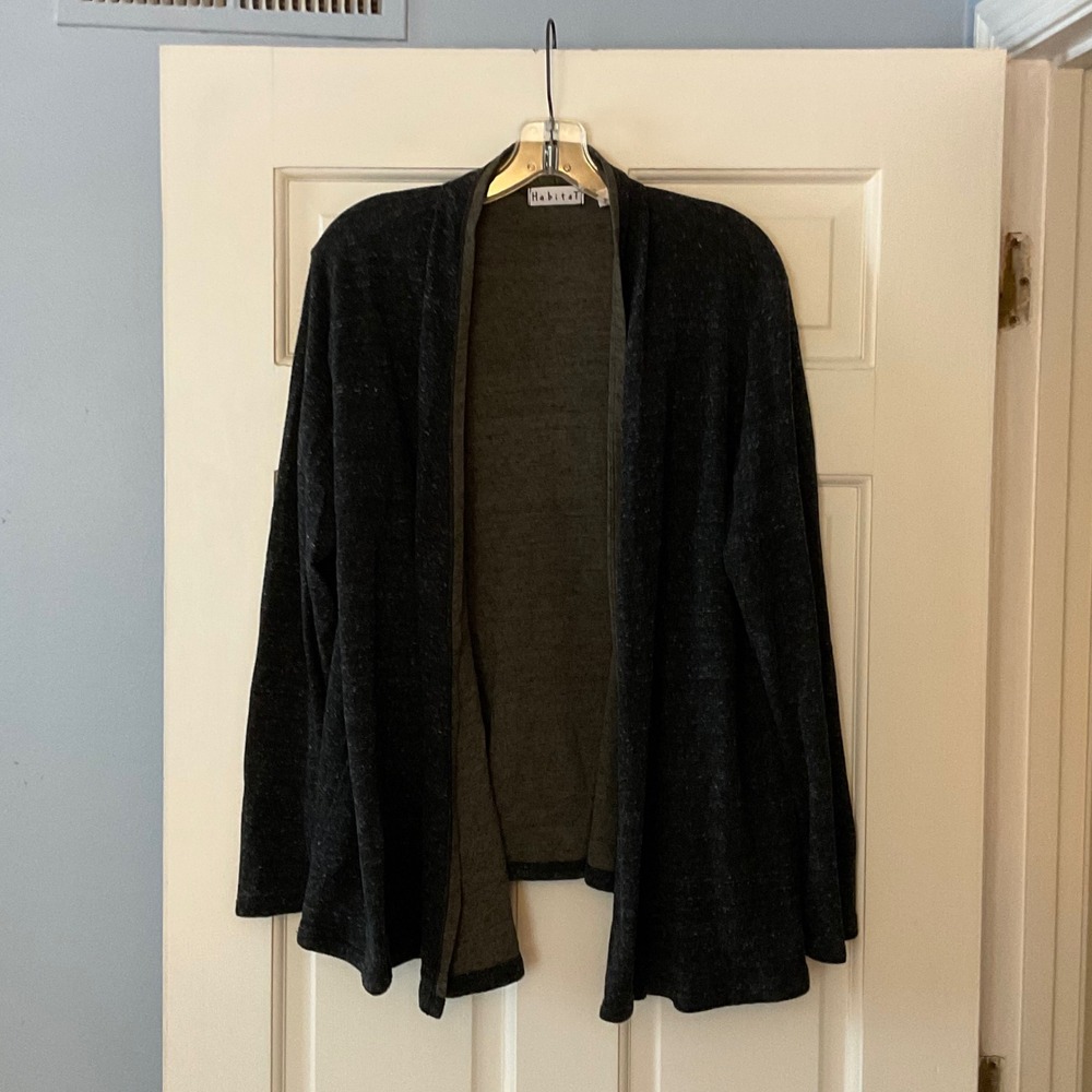 Habitat Gray Open Front Cardigan Sweater M Pockets Lagenlook Artsy Art to Wear